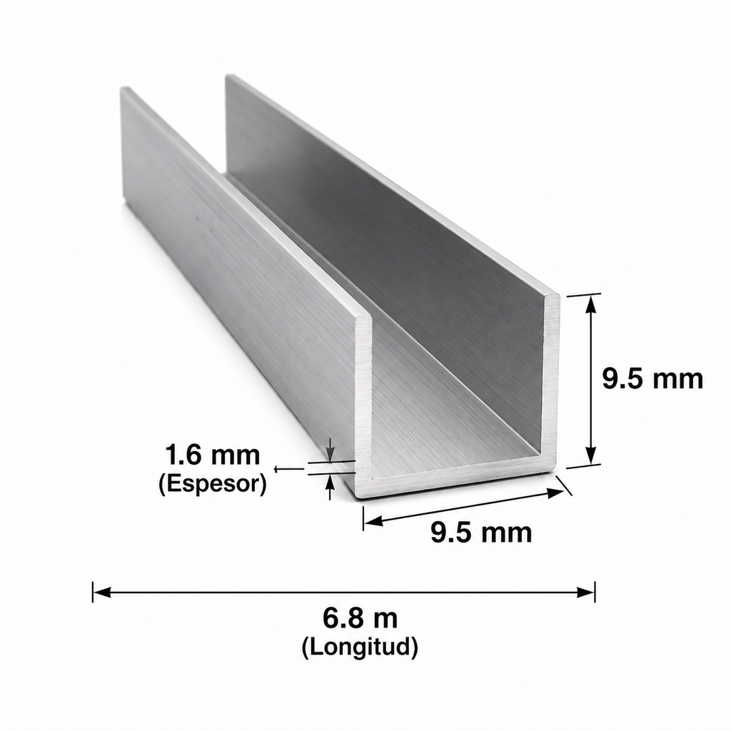 Buña U Aluminio 9.5mm x 9.5mm x 1.6mm x 6.8m - Terminaciones