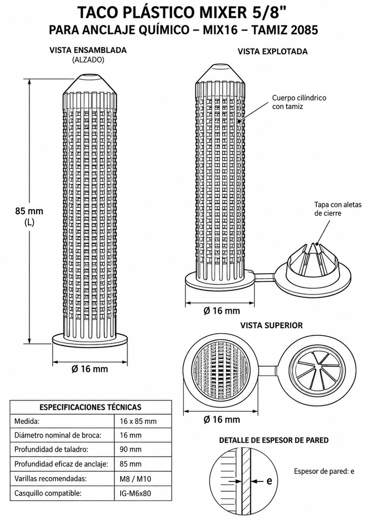 Taco Plástico Mixer 5/8" Para Anclaje Químico con Tope x un - MIX16 - TAMIZ 2085