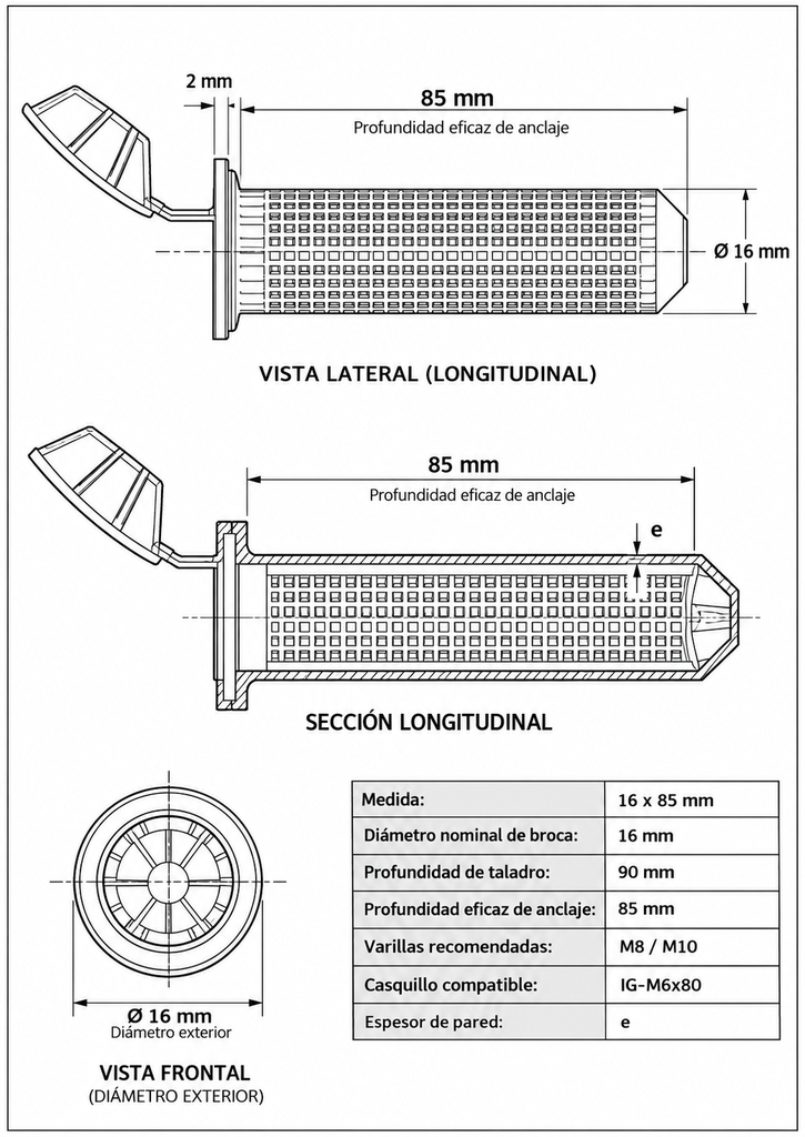 Taco Plástico Mixer 5/8" Para Anclaje Químico con Tope x un - MIX16 - TAMIZ 2085