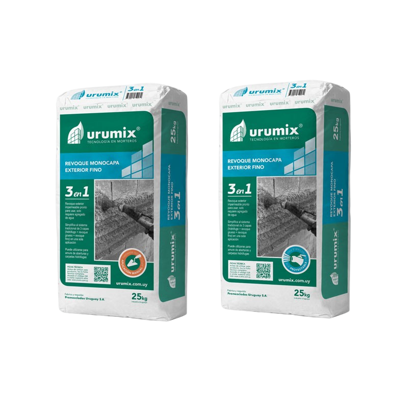 Revoque Monocapa Manual Urumix 3 en 1 Exterior Fino 25 Kg 