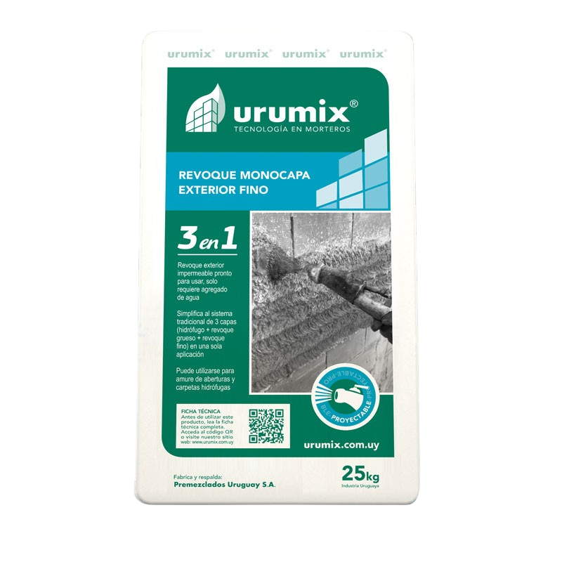 Revoque Monocapa  Proyectable Urumix 3 en 1 Exterior Fino 25 Kg 